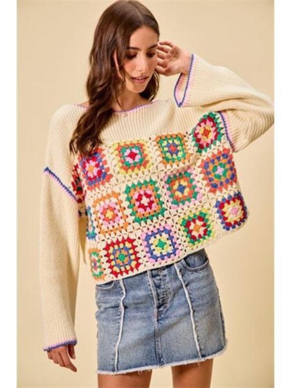 SO ME Multi Color Granny Crochet Lace Sweater Top